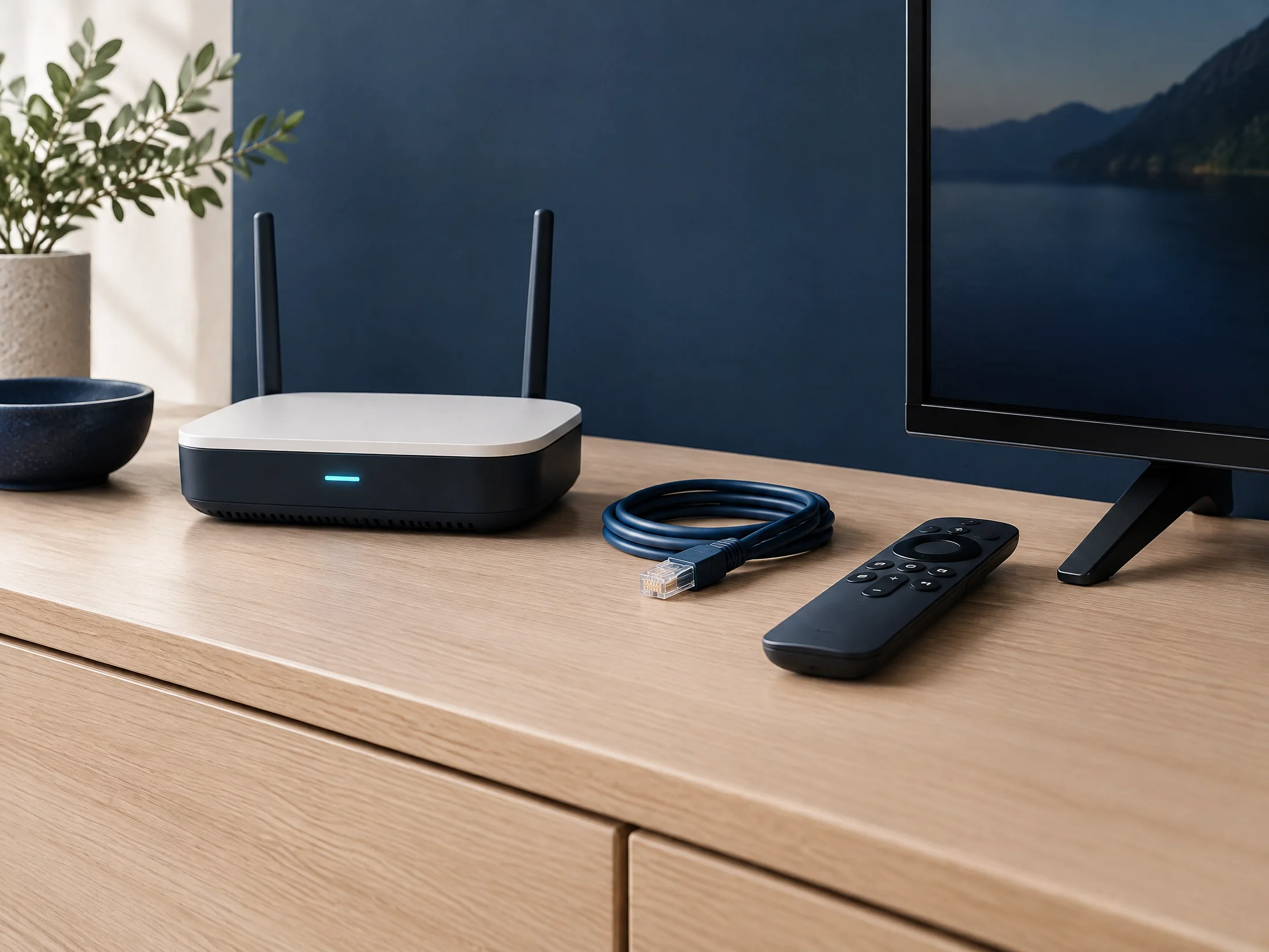 Routeur, câble réseau et télécommande pour la configuration d’un lecteur multimédia